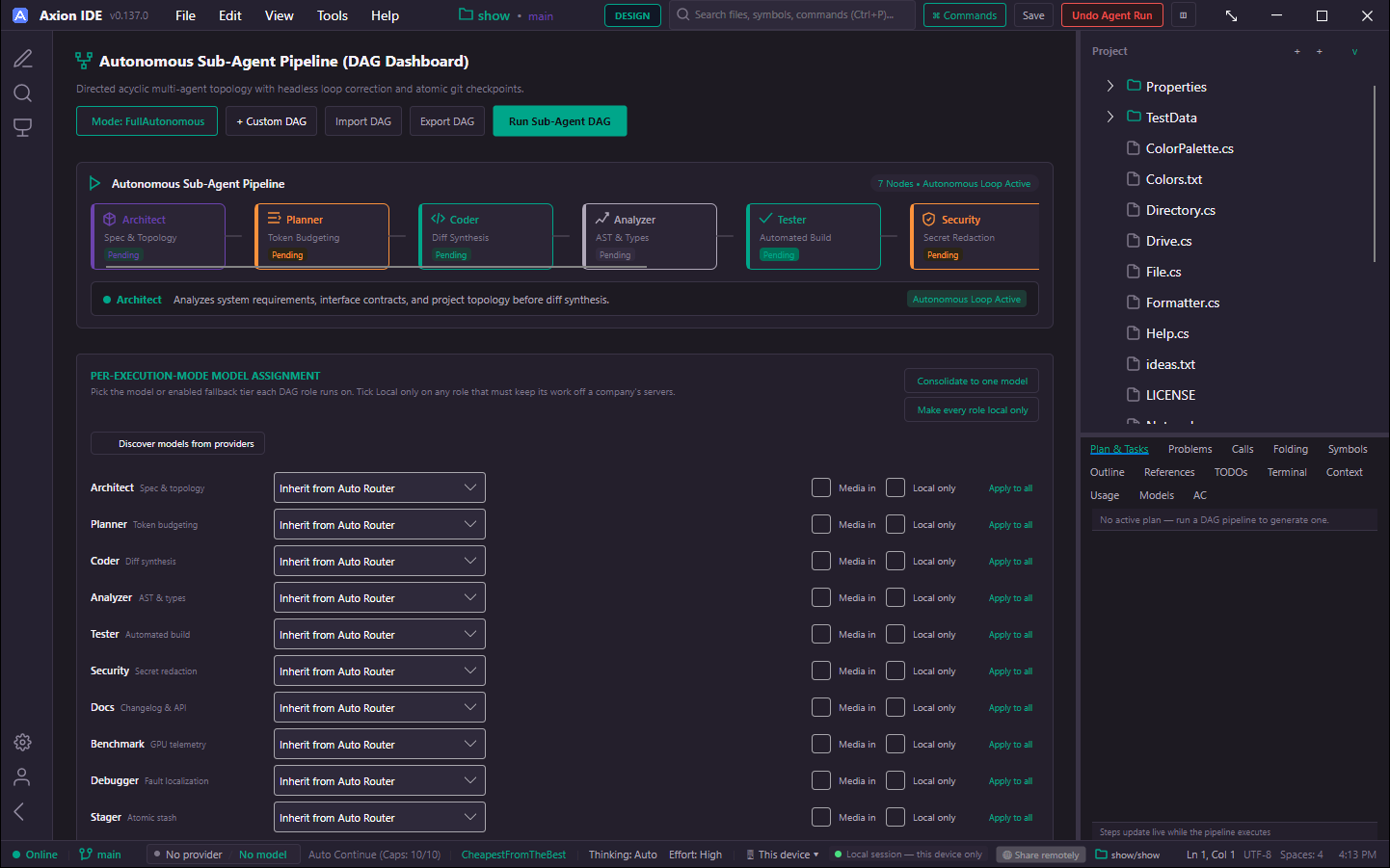 The sub-agent pipeline dashboard, with a model chosen for each step