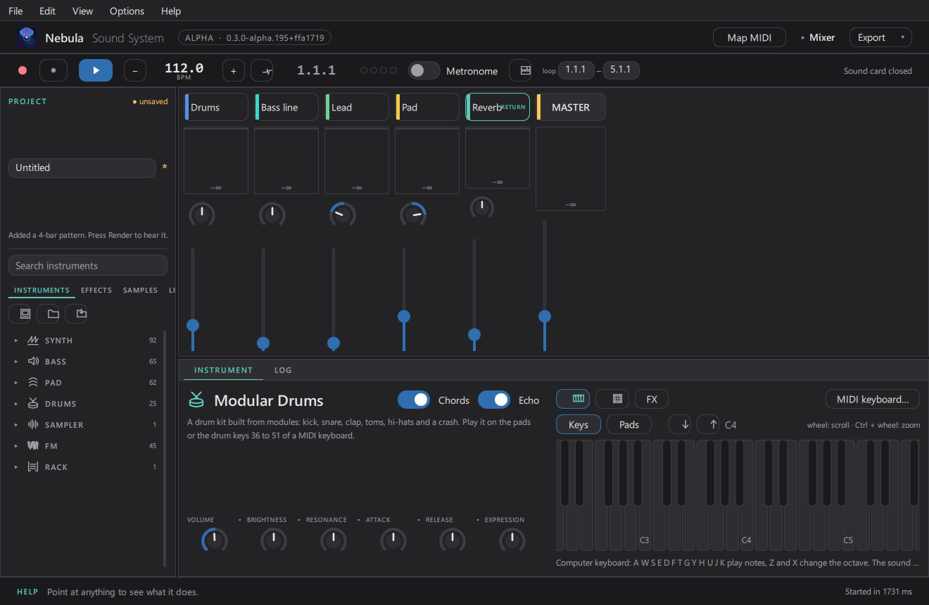 Mixer with a reverb return and master channel