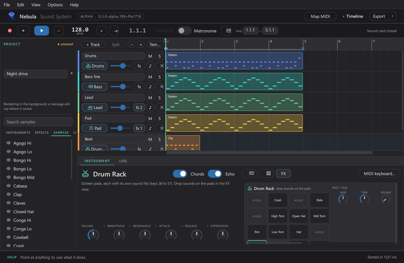Timeline with tracks, patterns and the drum rack