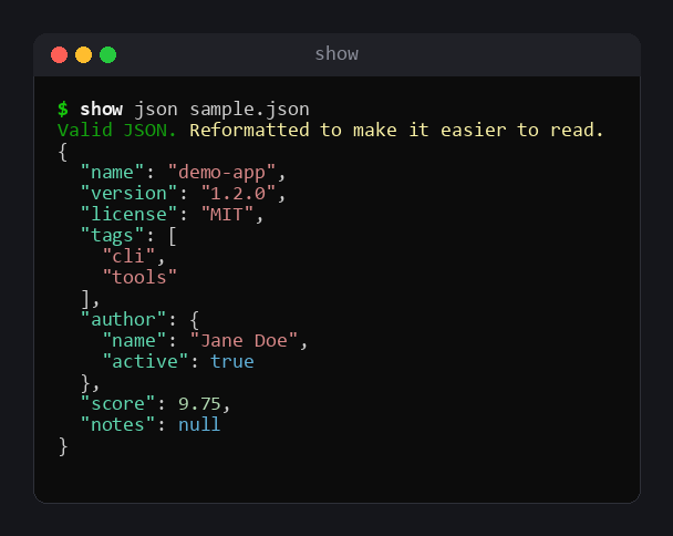 show json: validate and reformat